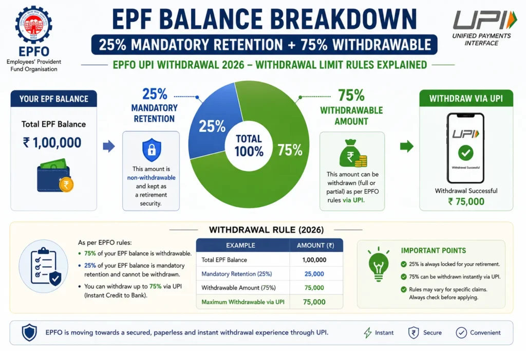EPFO UPI withdrawal 2026 withdrawal limit 50 percent 75 percent rules explained