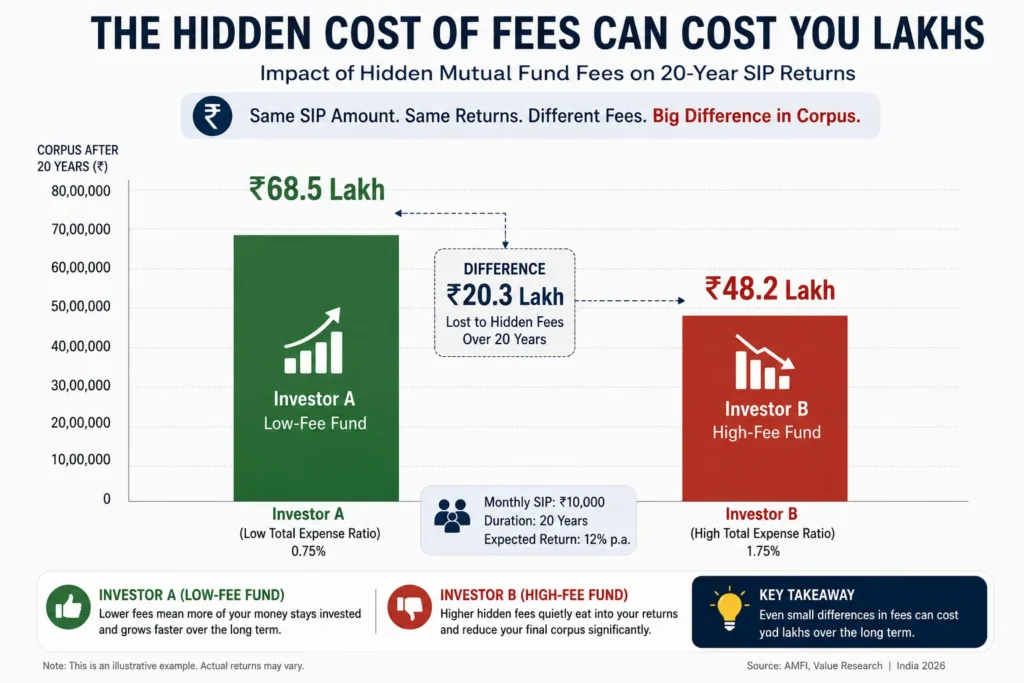 Hidden mutual fund fees impact on 20-year SIP returns comparison chart India 2026