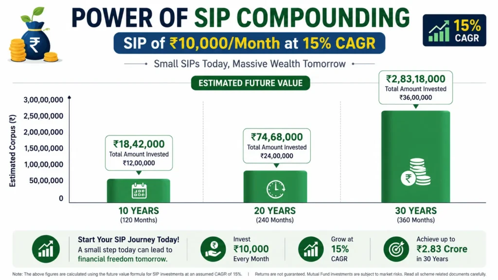 Top 10 mutual funds for SIP to invest in 2026 SIP compounding wealth creation infographic
