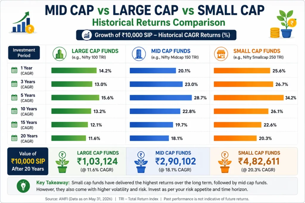 Top 10 mutual funds for SIP to invest in 2026 mid cap large cap small cap returns comparison