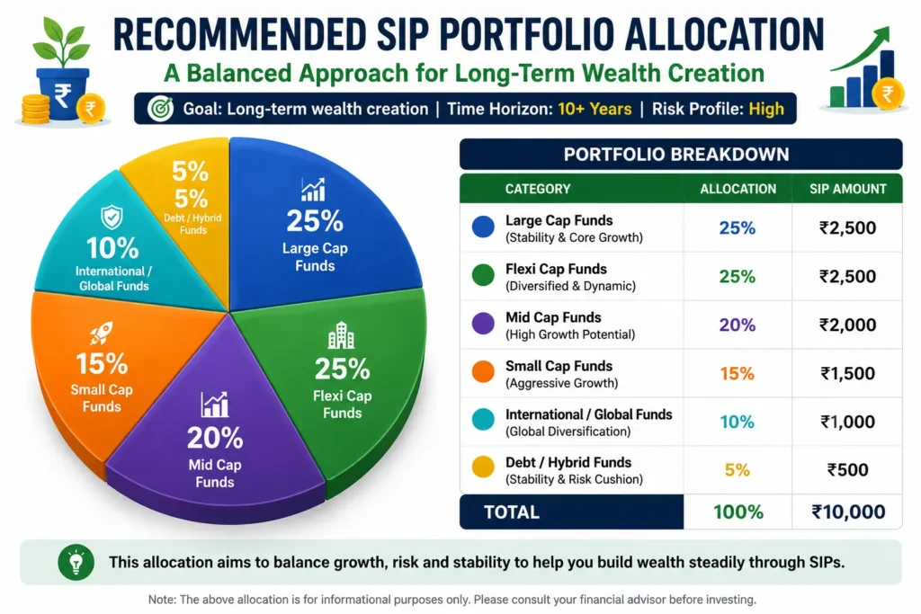Top 10 mutual funds for SIP to invest in 2026 portfolio allocation pie chart