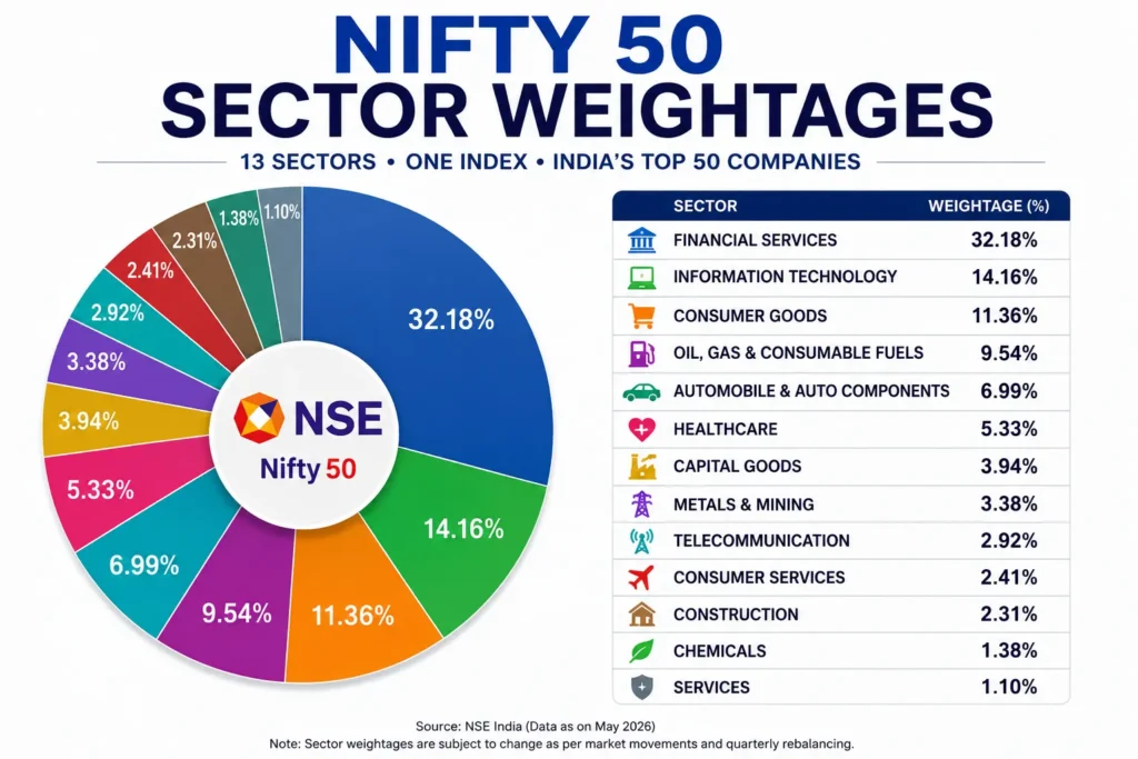 what is nifty 50 and sensex sector breakdown 13 sectors NSE India 2026